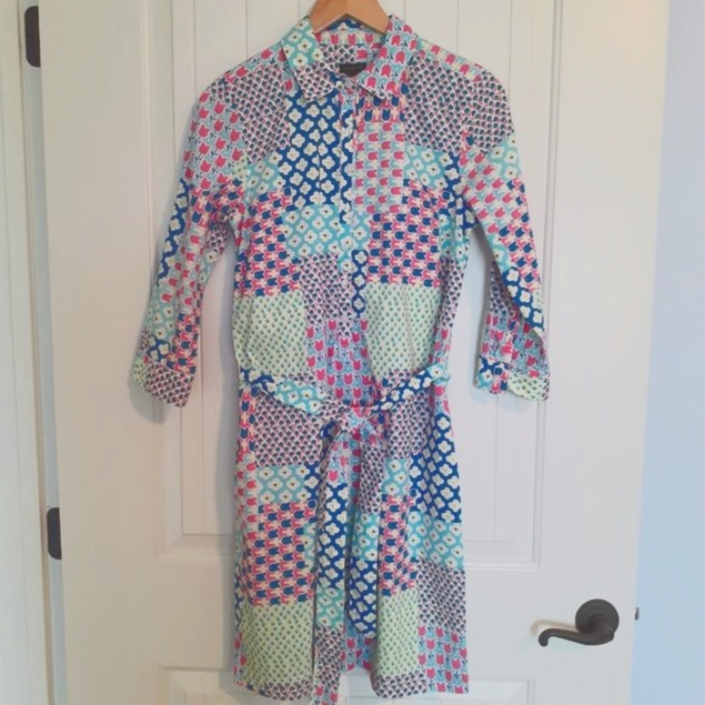 Talbots Island Patchwork Belted Shirtdress Cotton Blue Pink Size 4